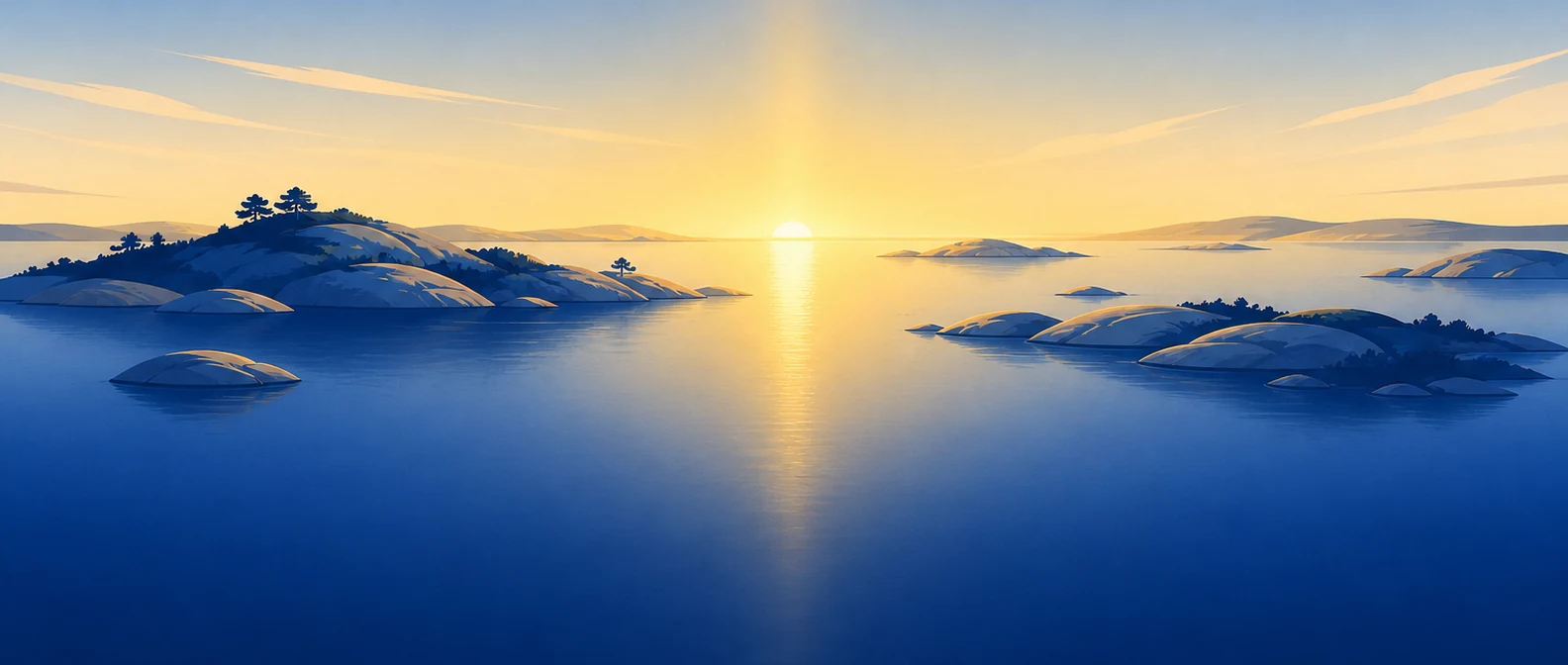Stiliserad svensk skärgård med kobbar, lugnt blått vatten och gyllene solnedgång